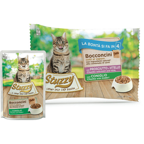Hrana umeda pentru pisici Stuzzy Pack Bucati de sunca&vitel-iepure in gelatina 4x85g